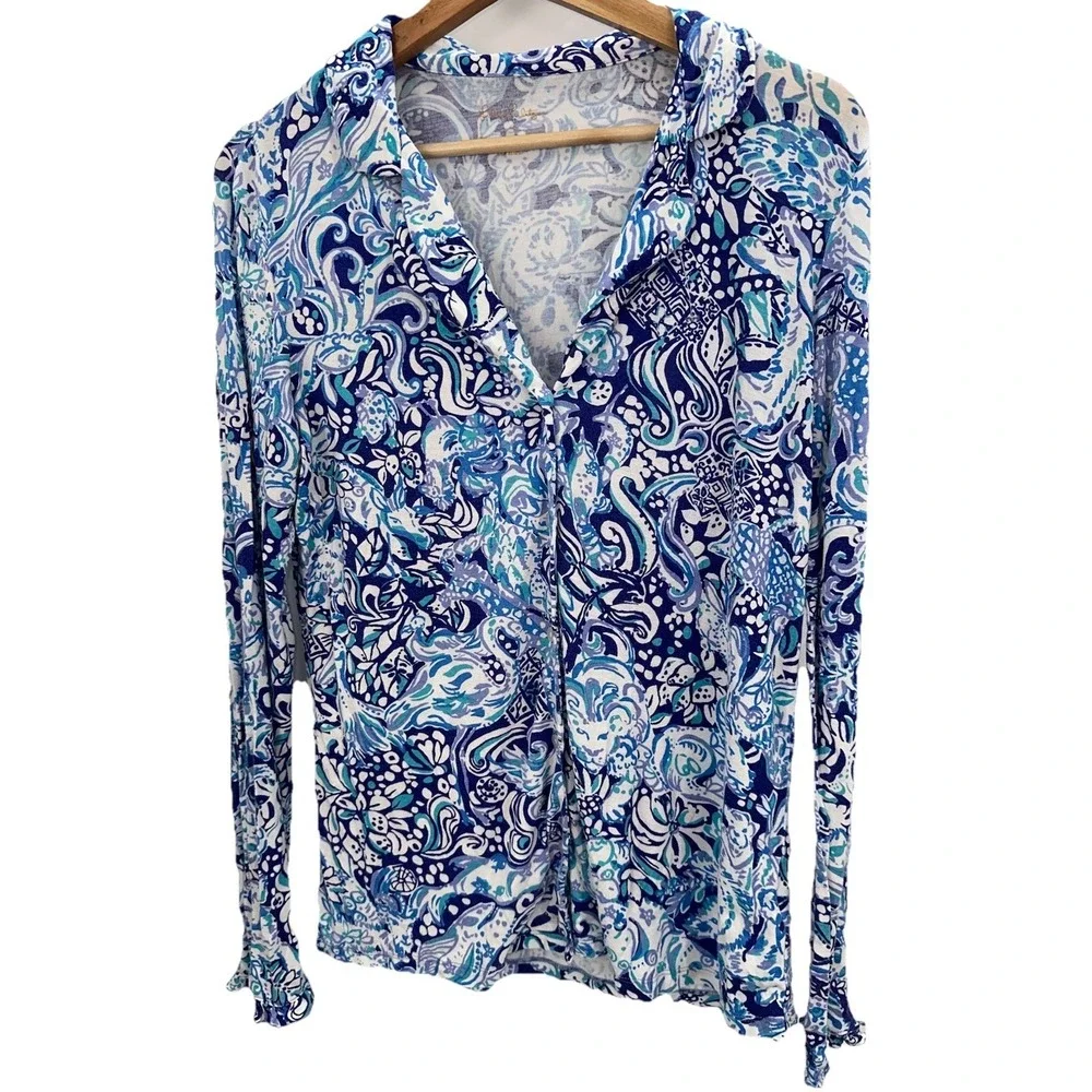 Lilly Pulitzer PJ Button Front Top Womens Blue Hidden Animals Ruffle Sleeve S - Picture 2 of 7